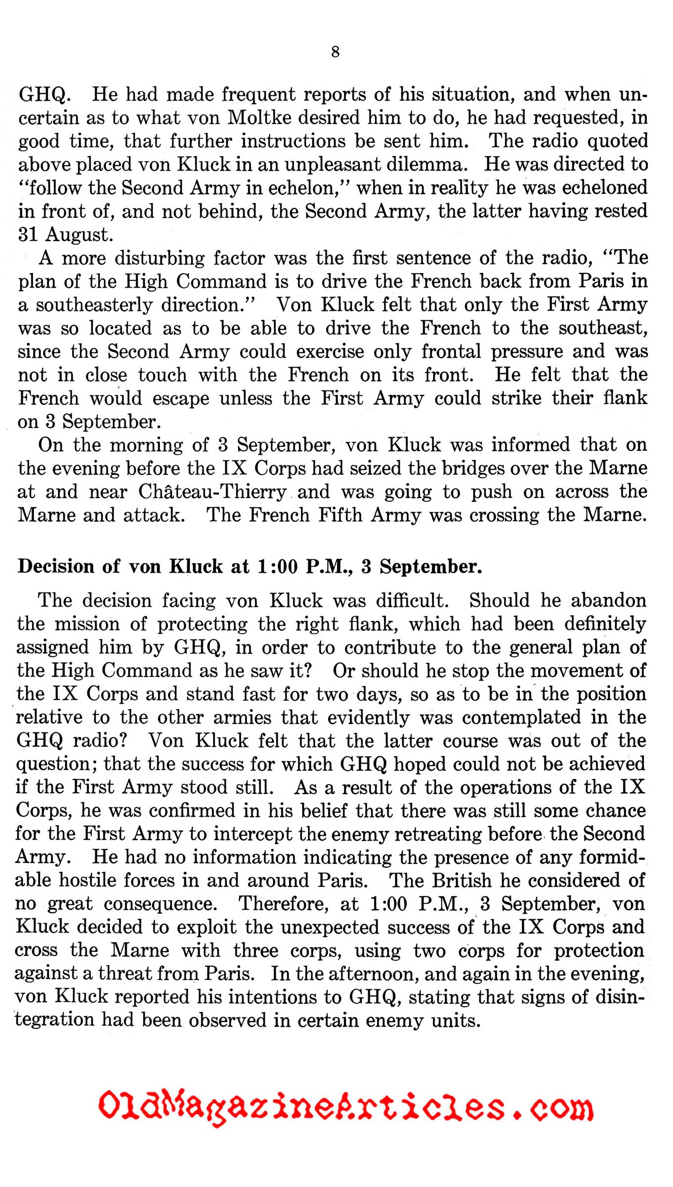 Von Kluck's Drive on Paris (West Point Supplement, 1944)