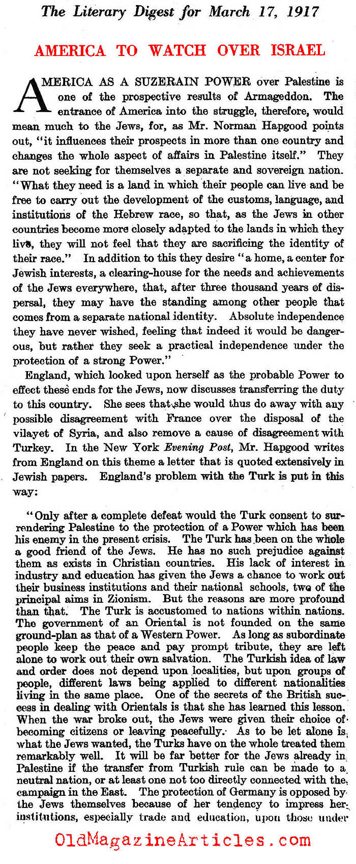 Anticipating America's Unique Relationship With Israel (Literary Digest, 1917)