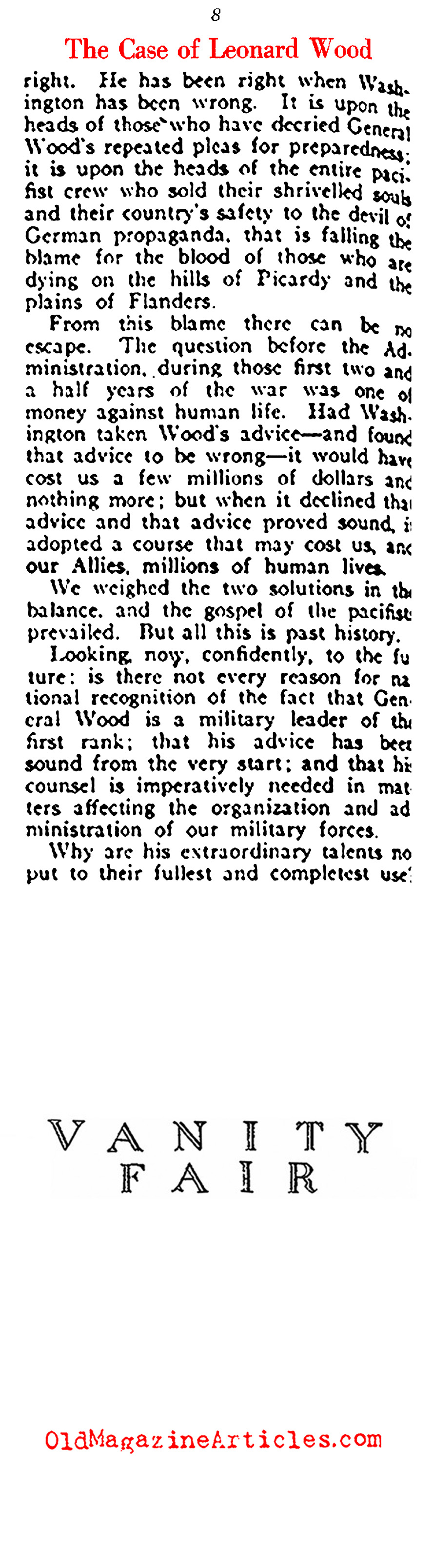 The Case for Leonard Wood (Vanity Fair Magazine, 1918)