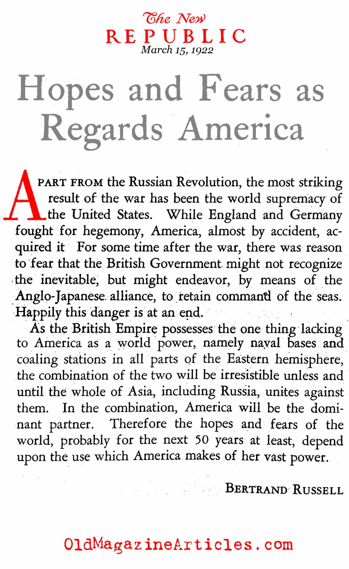 The Emergence of a New World Power (The New Republic, 1922)