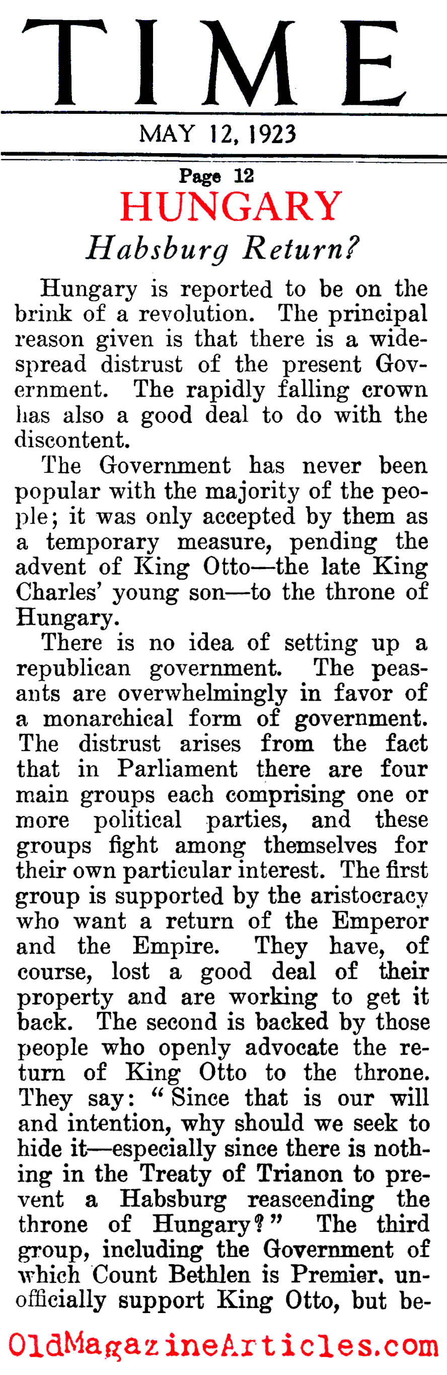 The Hungarians Yearned for the Hapsburgs (Time Magazine, 1923)