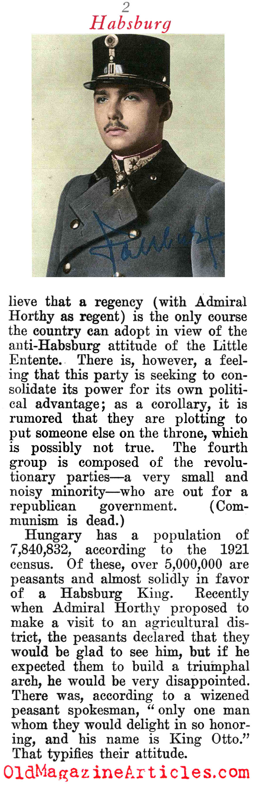 The Hungarians Yearned for the Hapsburgs (Time Magazine, 1923)