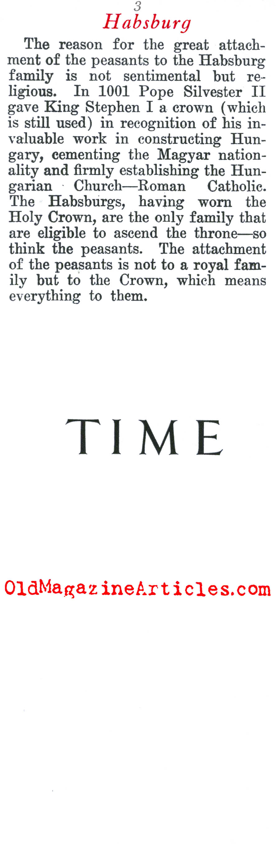 Praying for the Return of the Hapsburgs (Time Magazine, 1923)