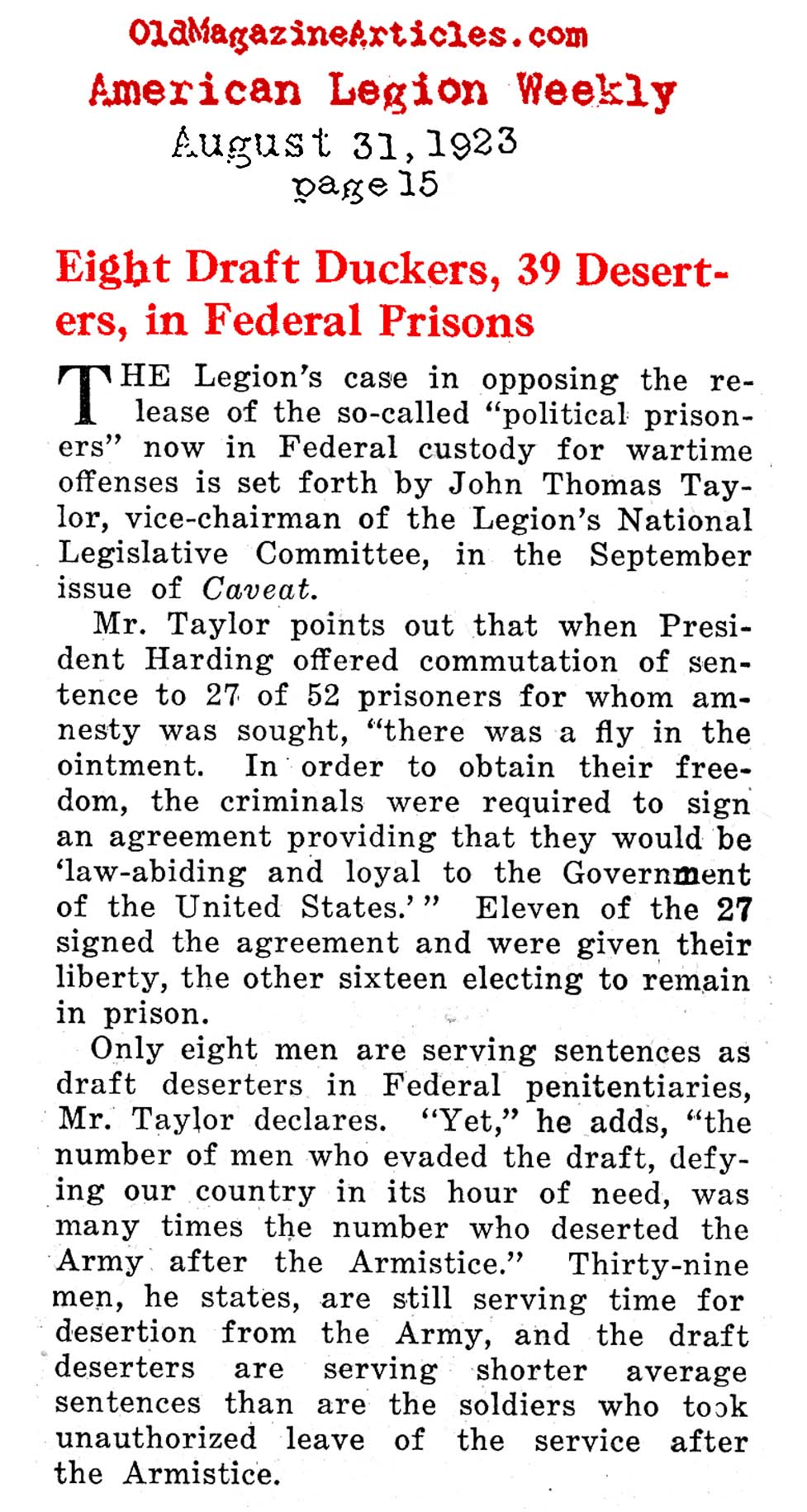 Draft-Dodgers and Deserters in Federal Prison (American Legion Weekly, 1923)