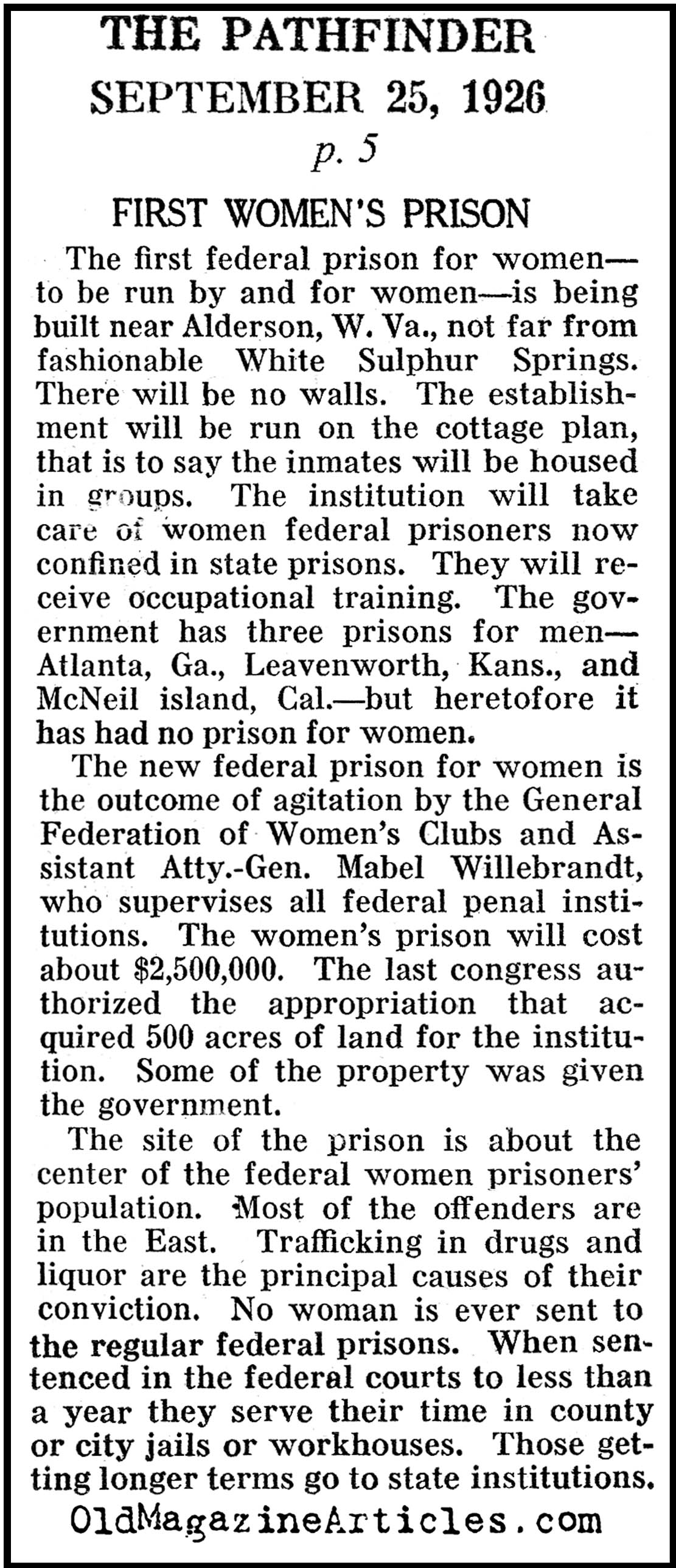 Prohibition Builds the First U.S. Prison for Women (Pathfinder Magazine, 1926)