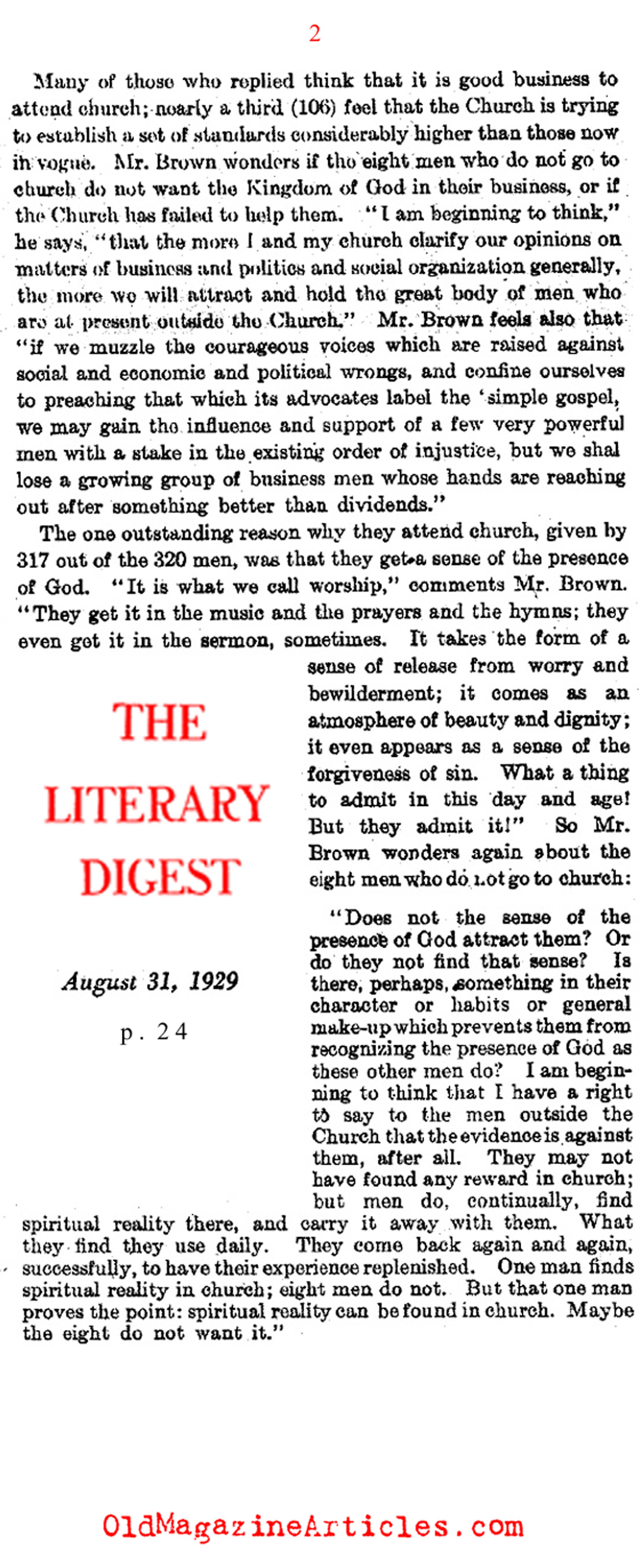 Male Church Attendance Drops (Literary Digest, 1929)