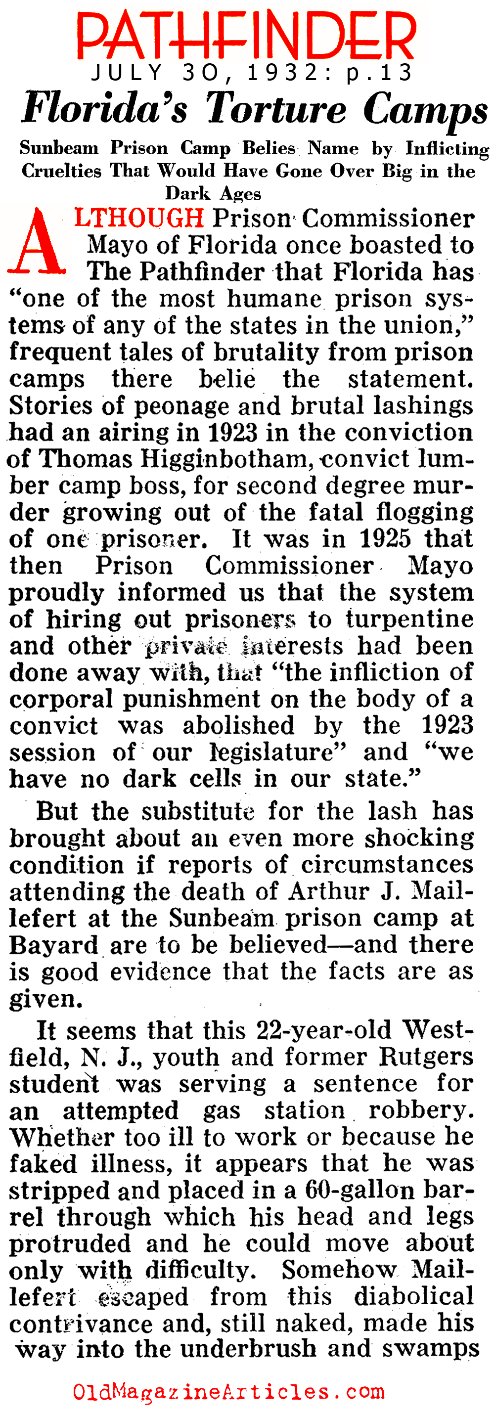 Abuses at Sunbeam Prison (Pathfinder Magazine, 1932)