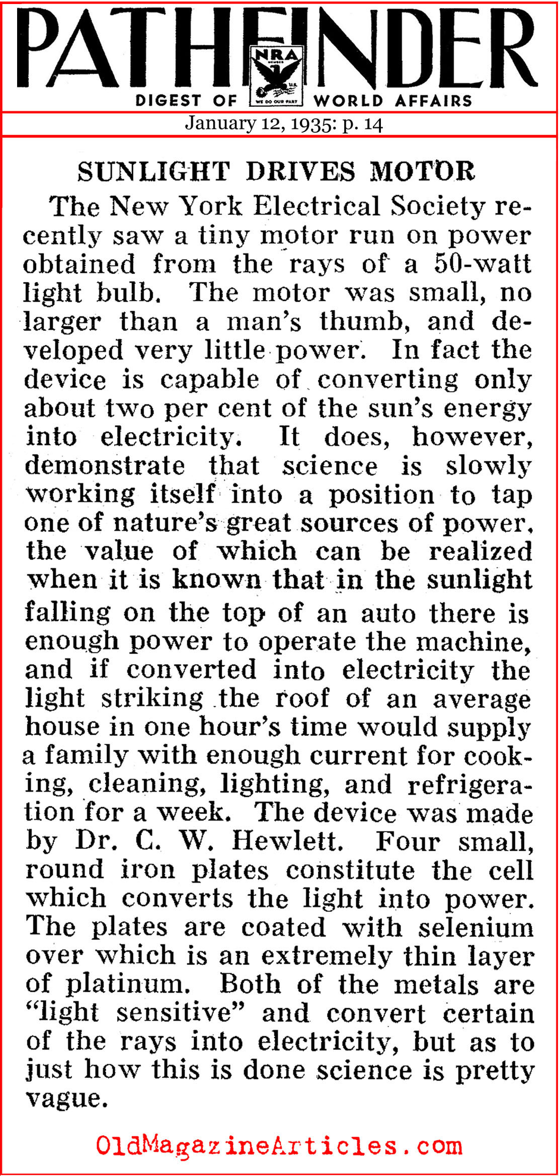 The Solar Motor (Pathfinder Magazine, 1935)