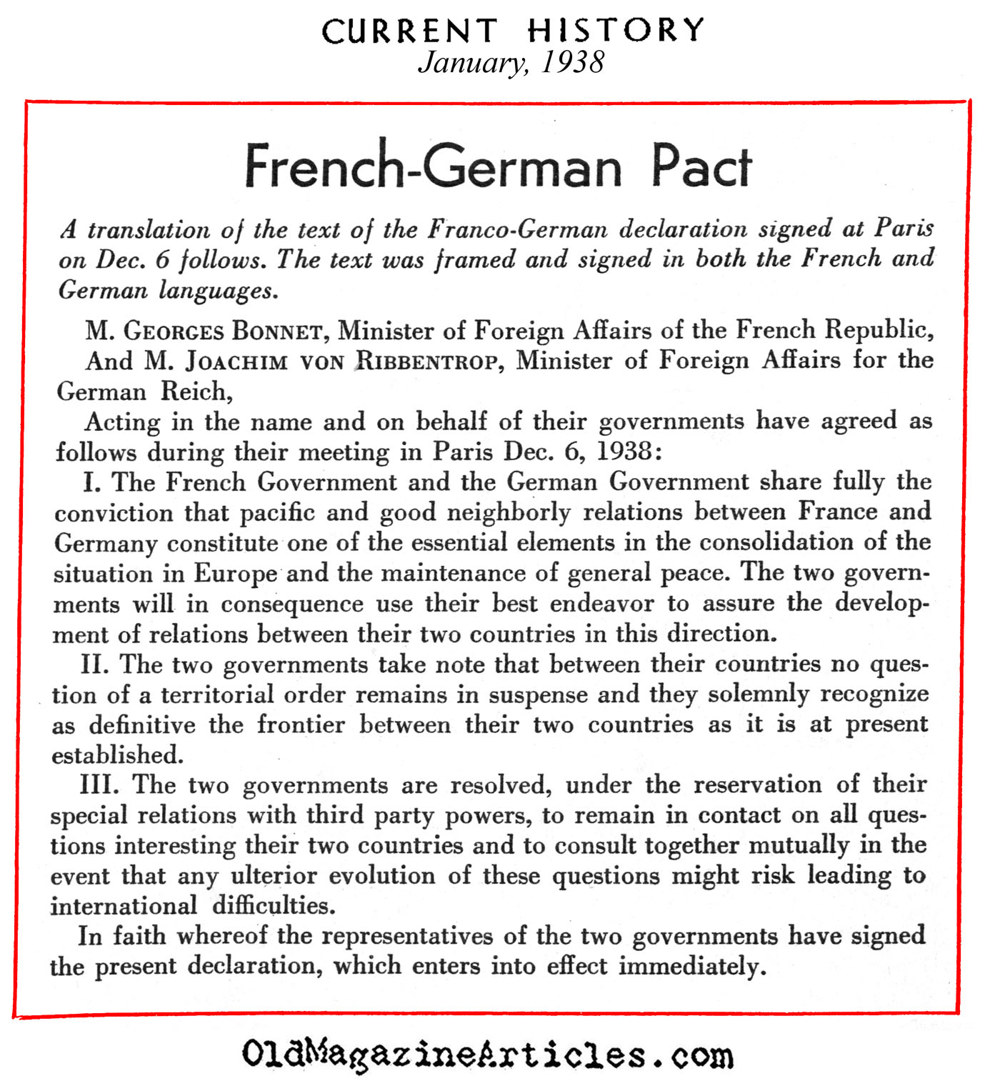 The French-German Non-Aggression Agreement (Current History, 1938)