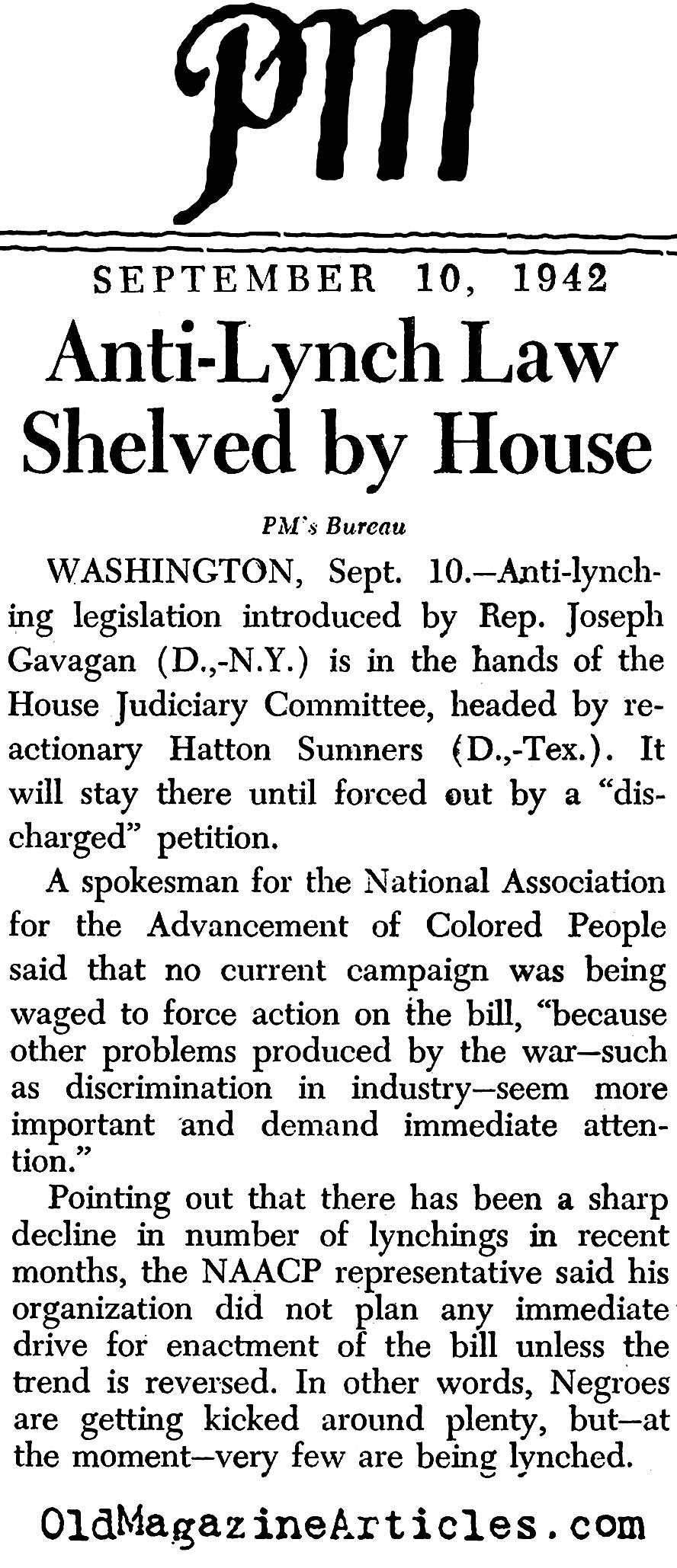 Anti-Lynching Legislation Shelved (<i>PM</i>  Tabloid, 1942)