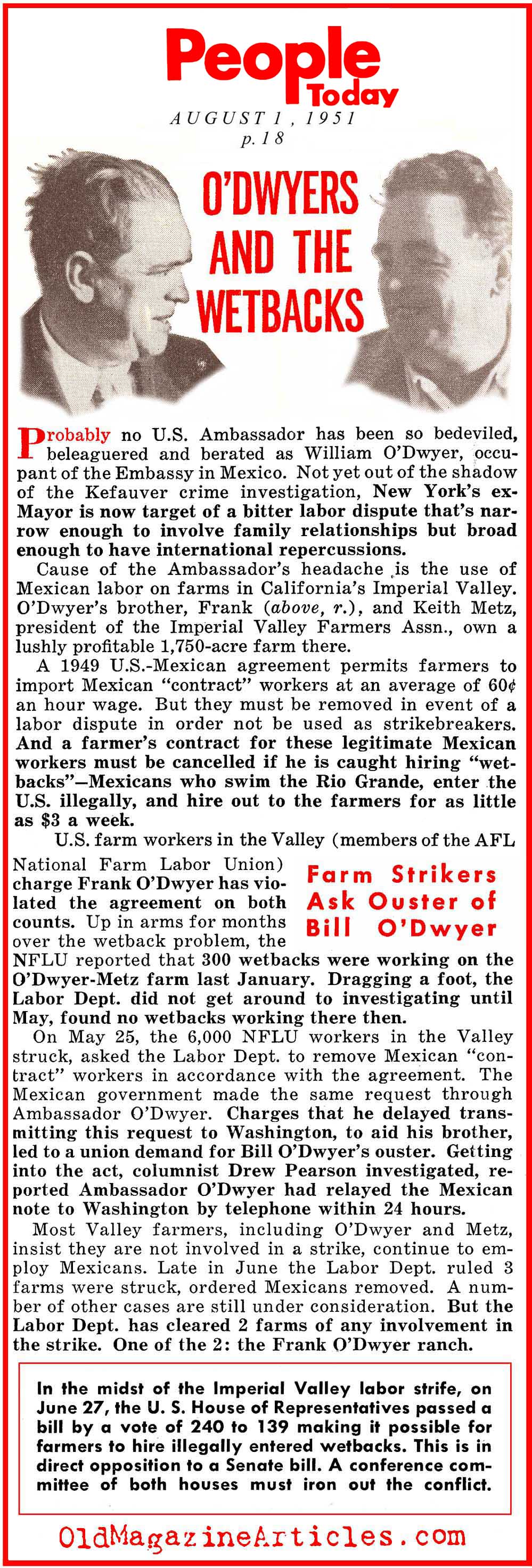 Congress OKs the Hiring of Illegal Farm Workers (People Today Magazine, 1951)