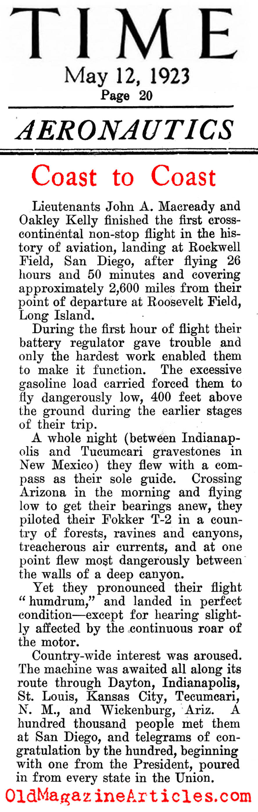 First Trans-Continental Flight (Time Magazine, 1923)