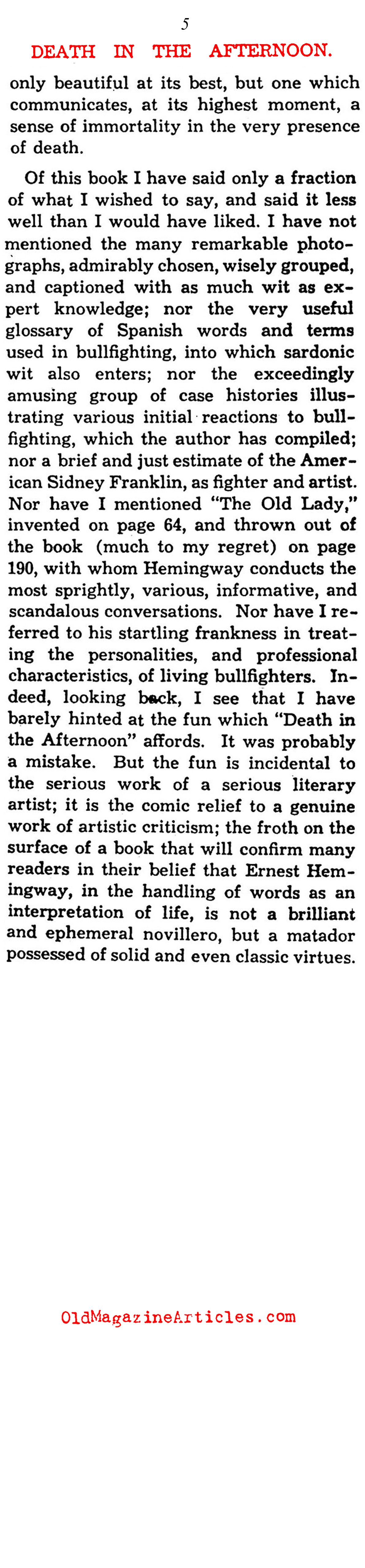 Hemingway's <I>Death in the Afternoon</I> (Saturday Review of Literature, 1932)