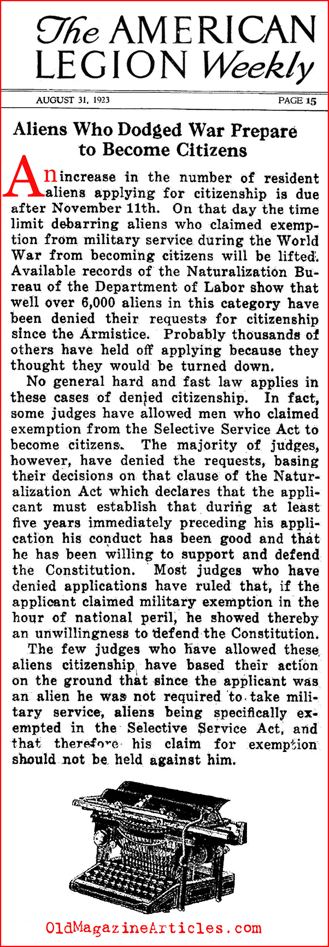 Resident Aliens: Not Eligible for the 1917 Draft (American Legion Weekly, 1923)