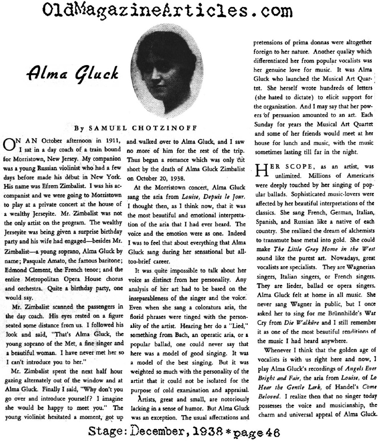 Remembering Alma Gluck (Stage Magazine, 1938)