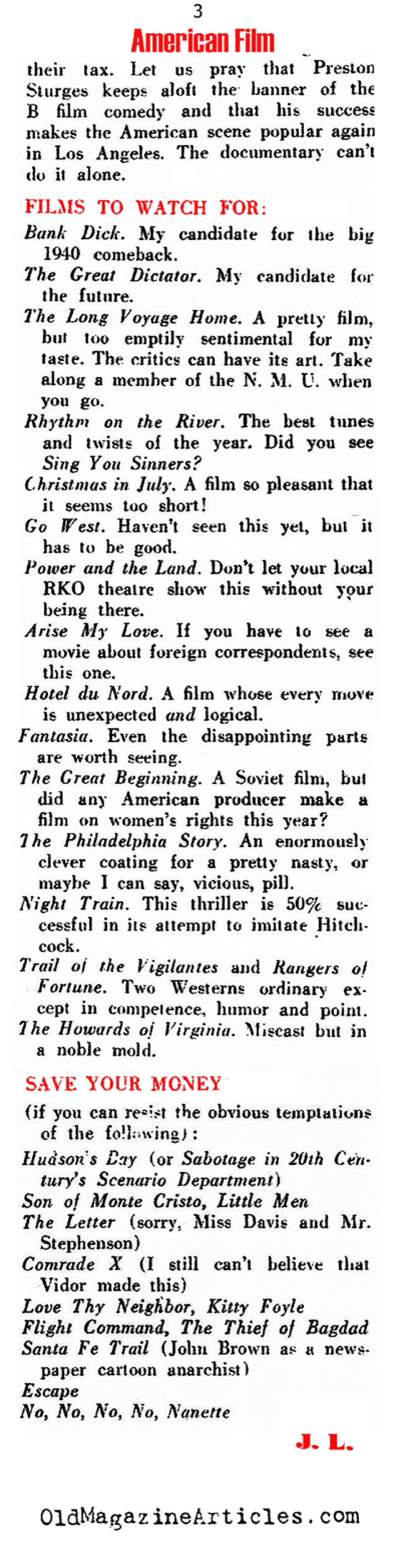 Thoughts on the American Films of 1941 (Direction Magazine, 1941)
