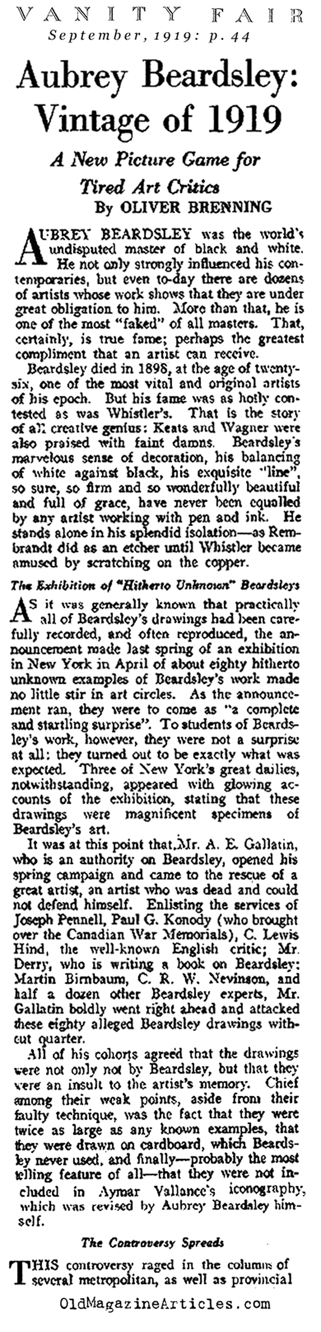 Art Sacandal: Aubrey Beardsley Forged (Vanity Fair Magazine, 1919)