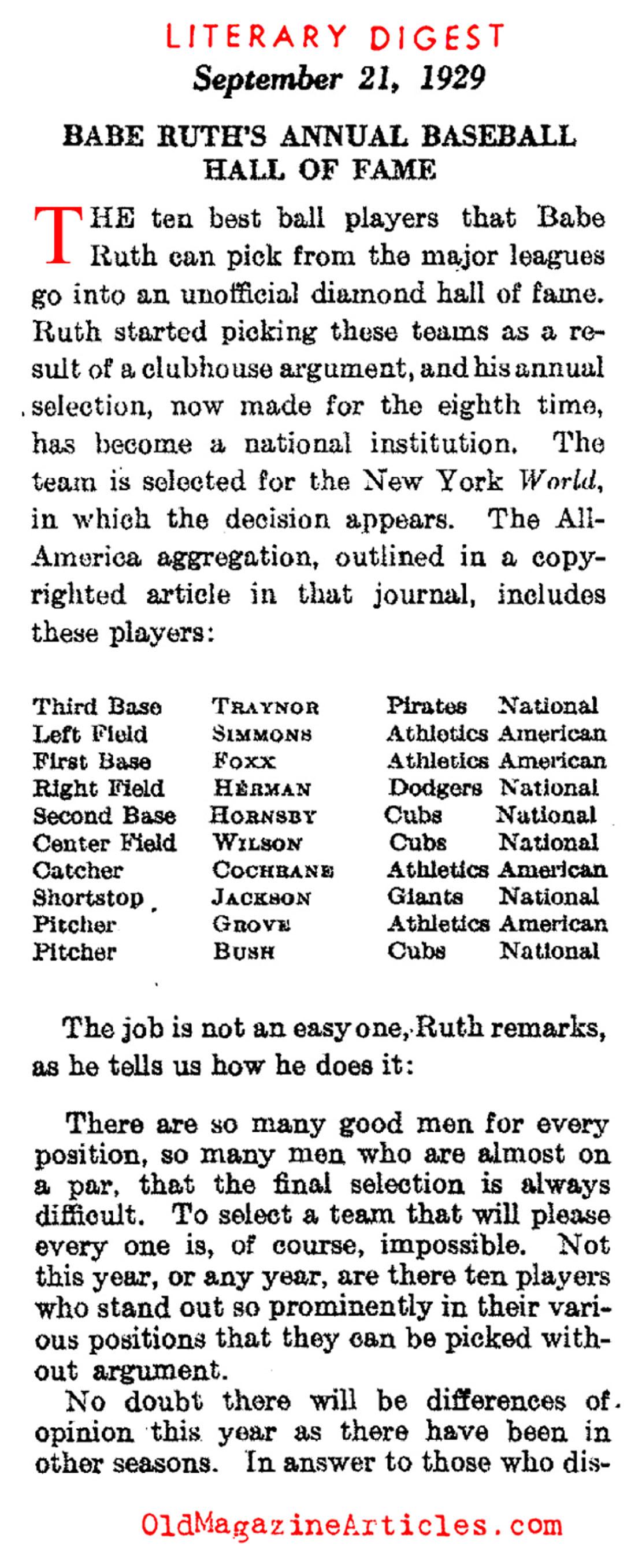 Babe Ruth Ranks and his Peers (Literary Digest, 1929)