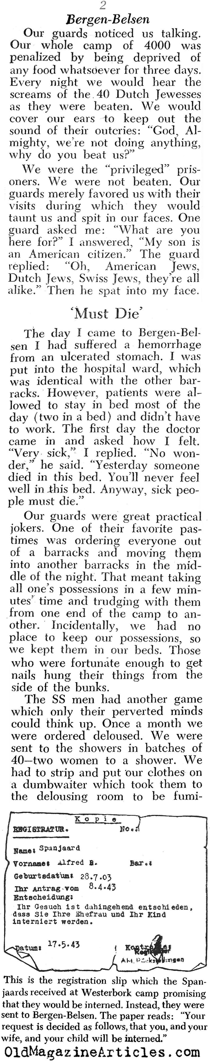 Bergen-Belsen Survivor Speaks (PM Tabloid, 1945)