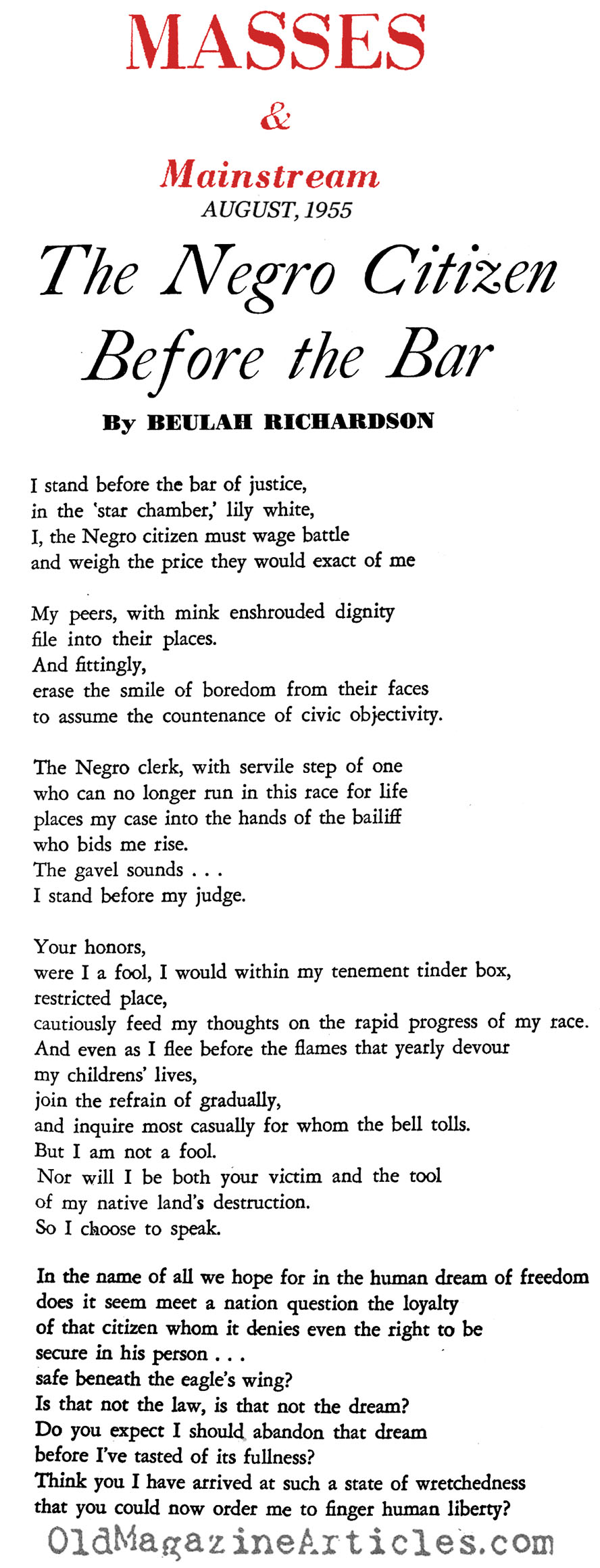 A Poem of Outrage (Masses and Mainstream, 1955)