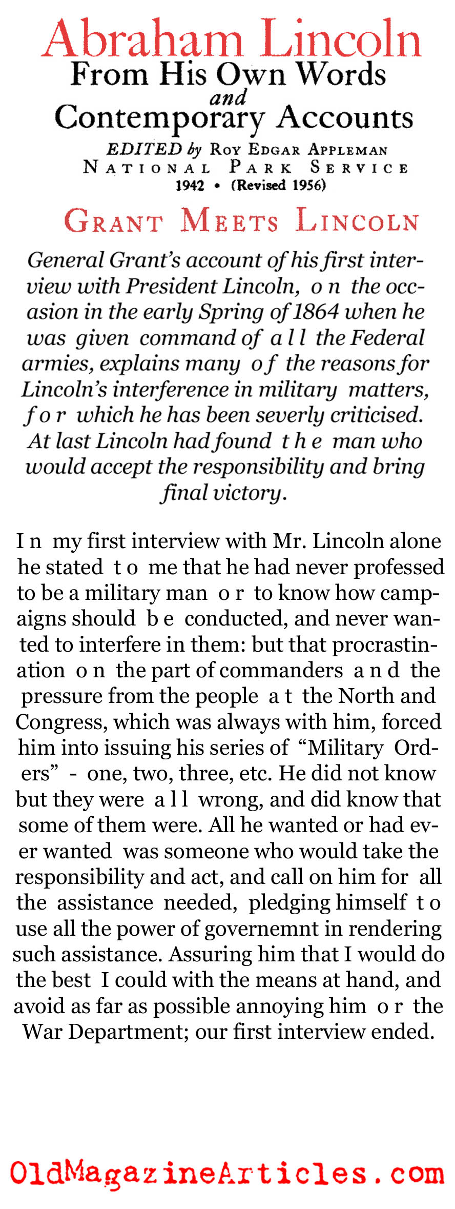 When Grant Met Lincoln for the First Time (National Park Service, 1956)