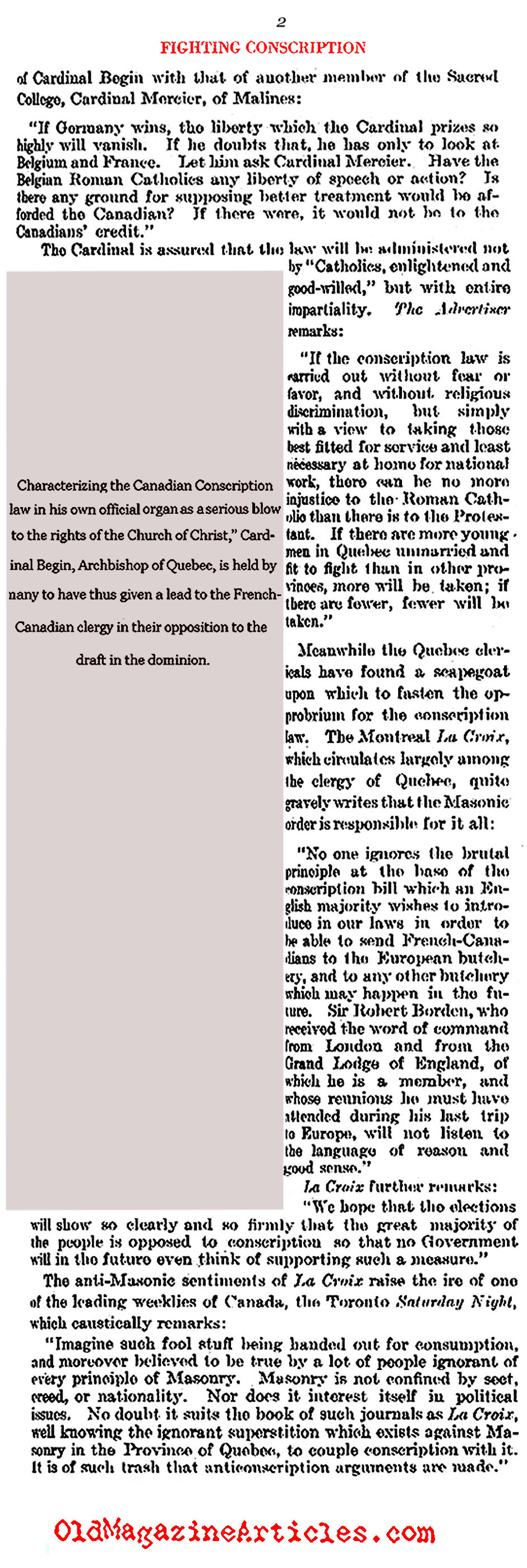 Draft Resistance in W.W. I Quebec (Literary Digest, 1917)