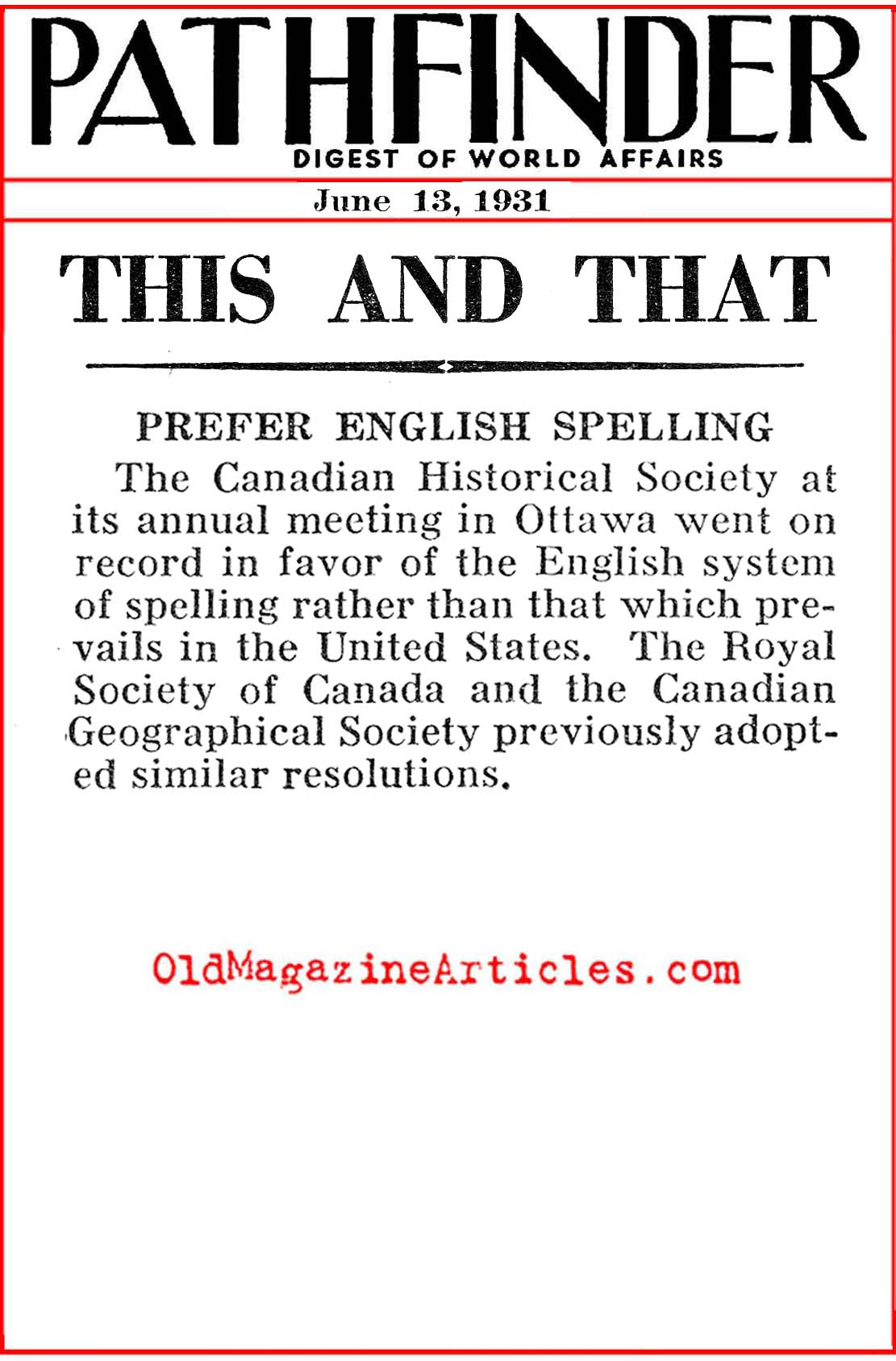 American Spelling Rejected by Canadians (Pathfinder Magazine, 1931)