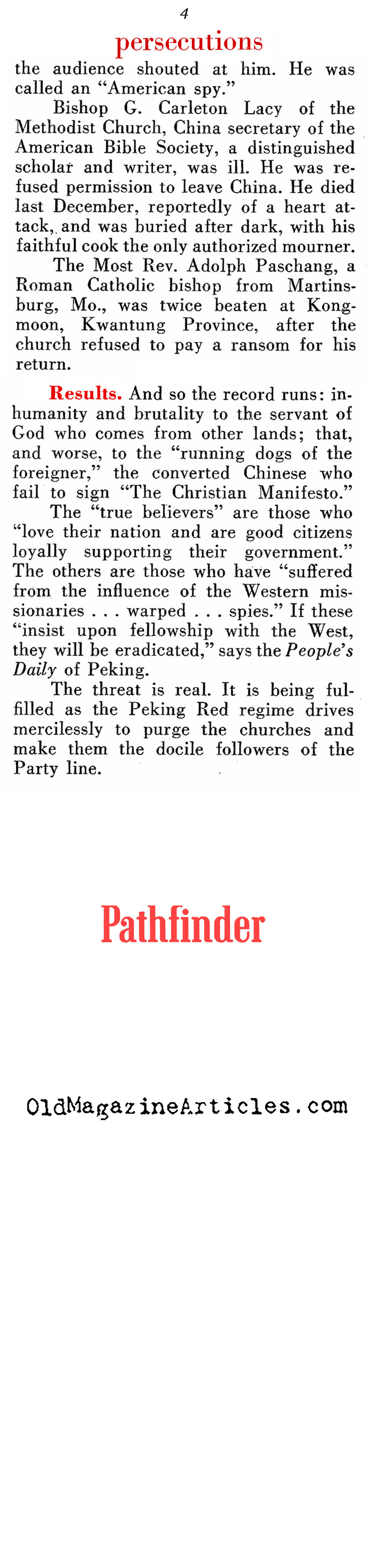 The Lot of Chinese Christians (Pathfinder Magazine, 1952)