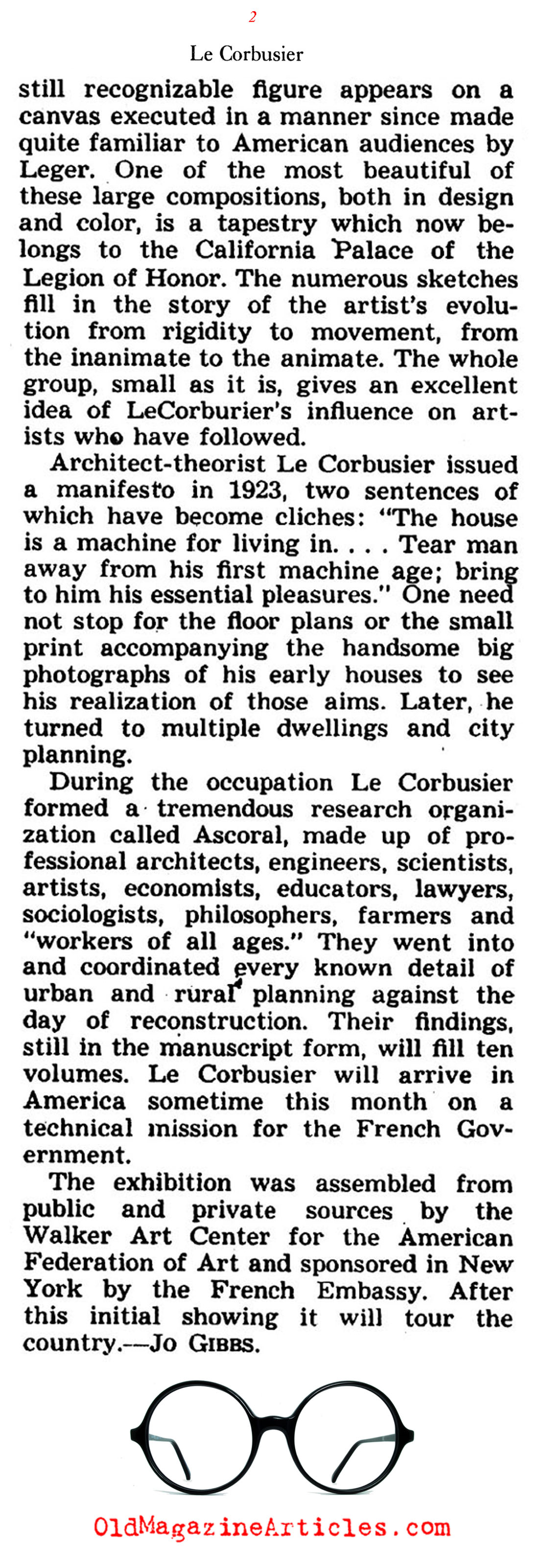 New York Exhibit for Le Corbusier (Art Digest Magazine, 1946)