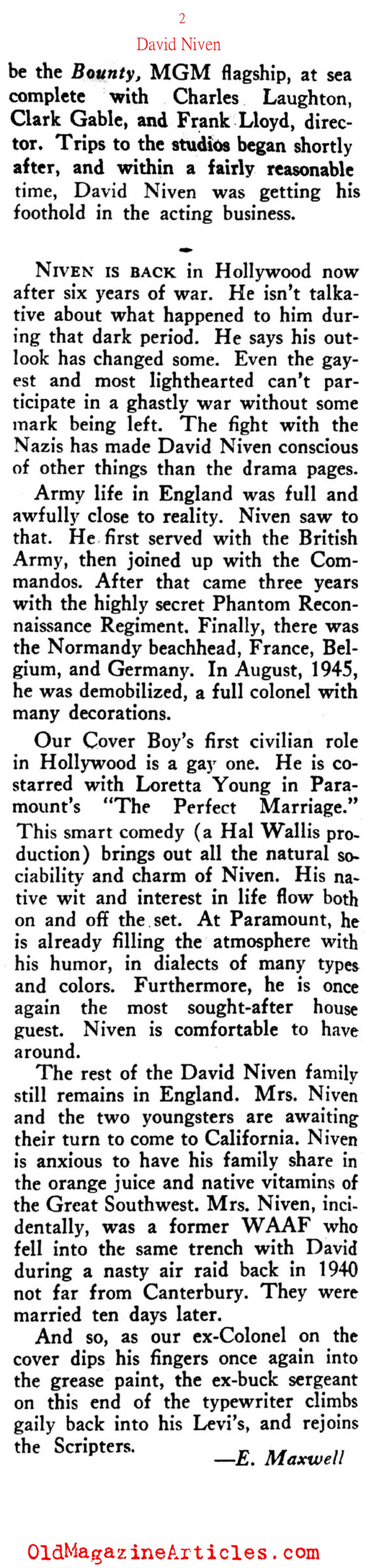 David Niven Returns to Hollywood (Rob Wagner's Script, 1946)