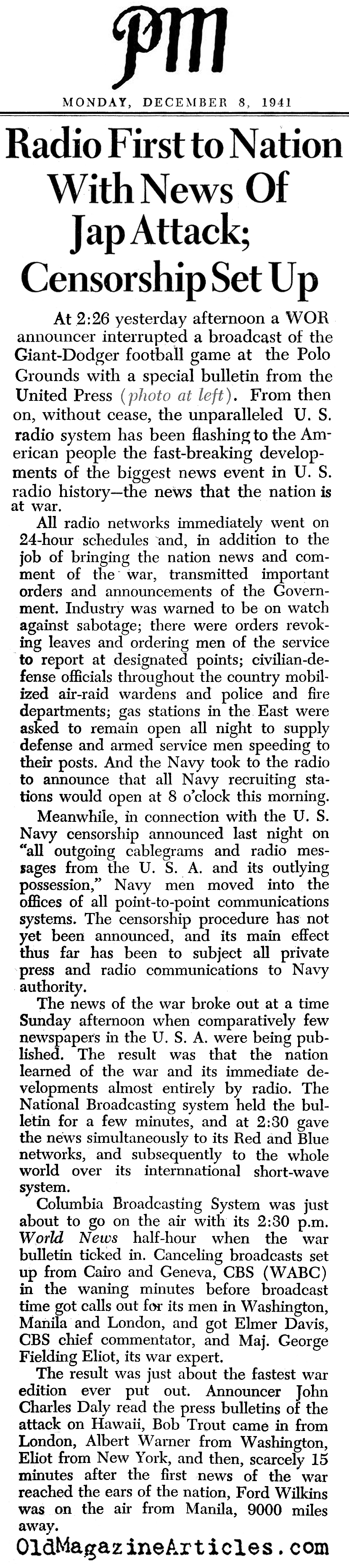 Pearl Harbor and the Significance of Radio (PM Tabloid, 1941