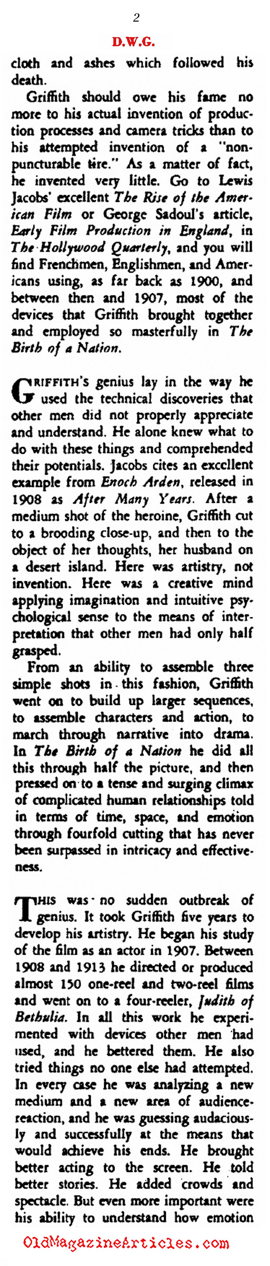Back-Handed Compliments for D.W. Griffith (Rob Wagner's Script Magazine, 1948)