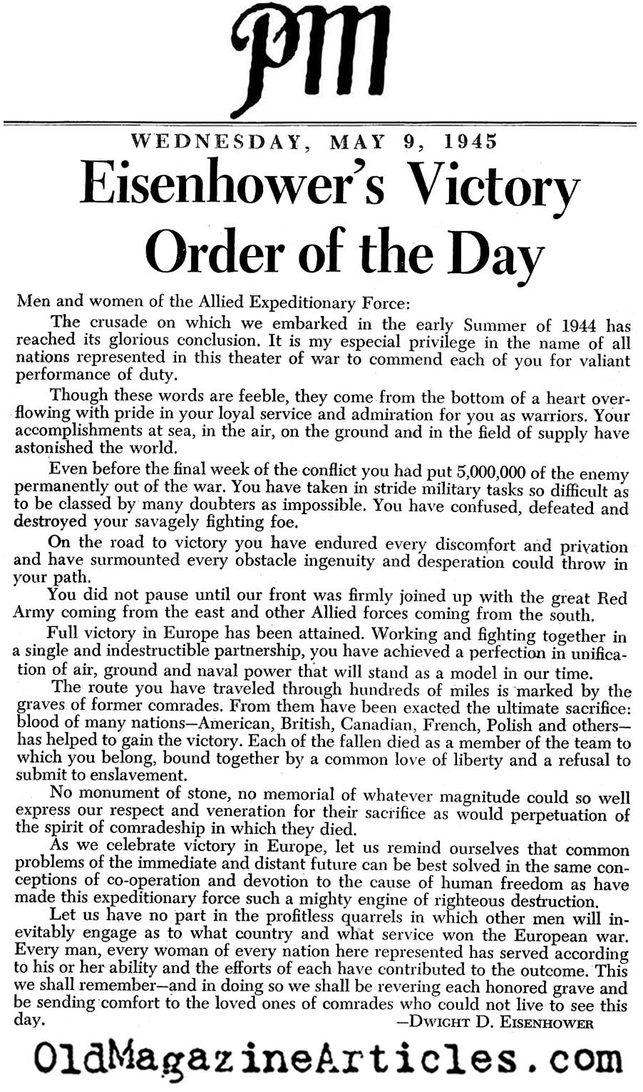 Eisenhower's VE-Day Statement (PM Tabloid, 1945)