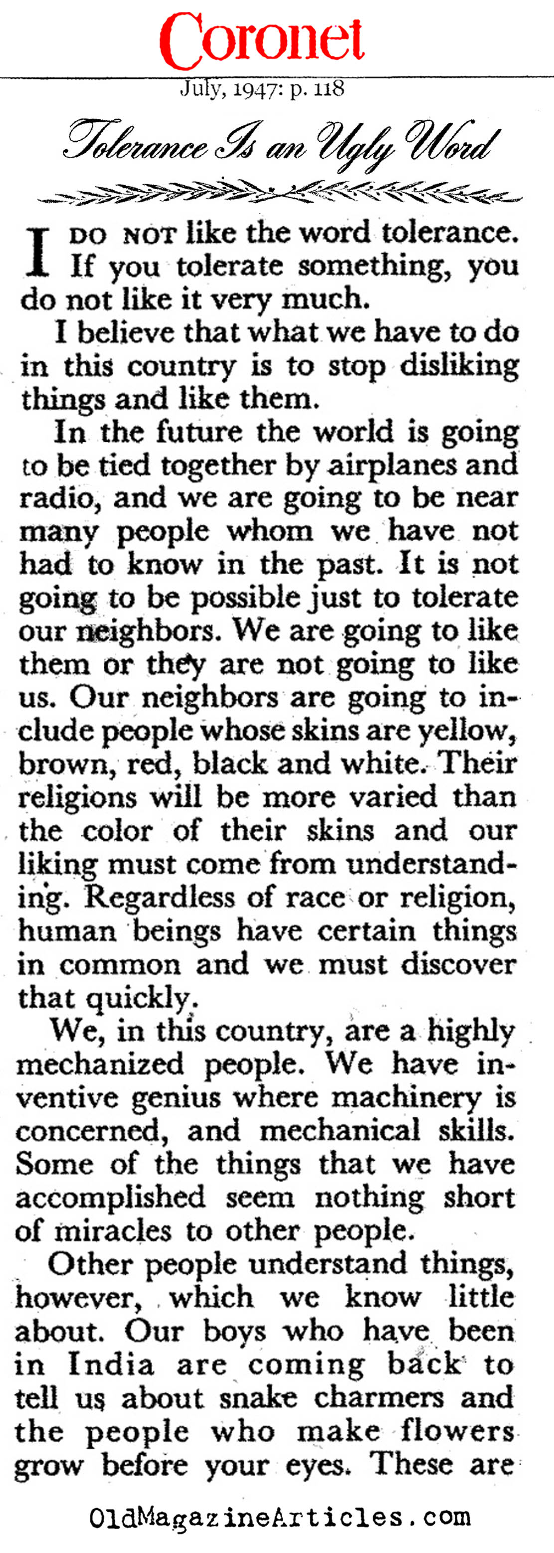 ''Tolerance is an Ugly Word'' (Coronet Magazine, 1945)