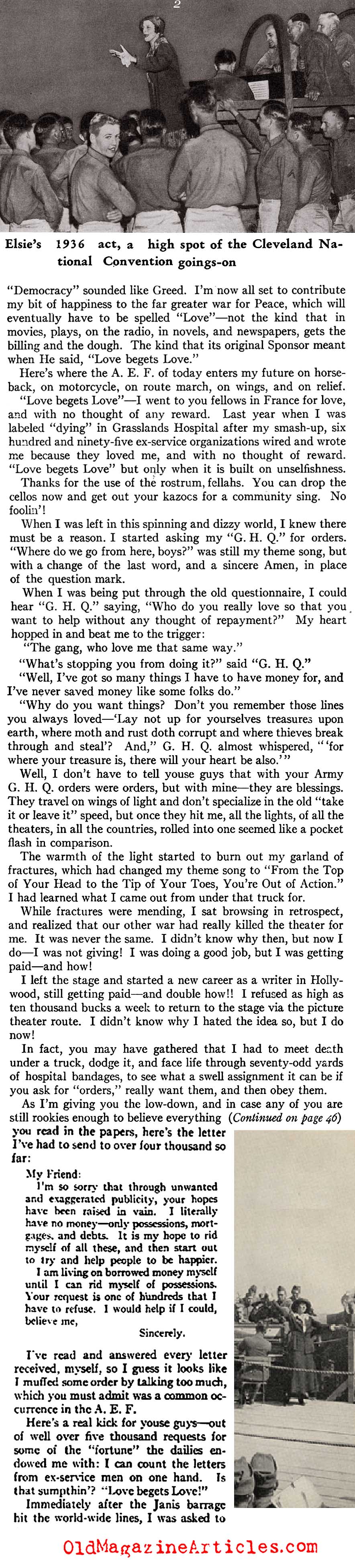 Elsie Janis Entertained the Doughboys  (American Legion Monthly, 1936)