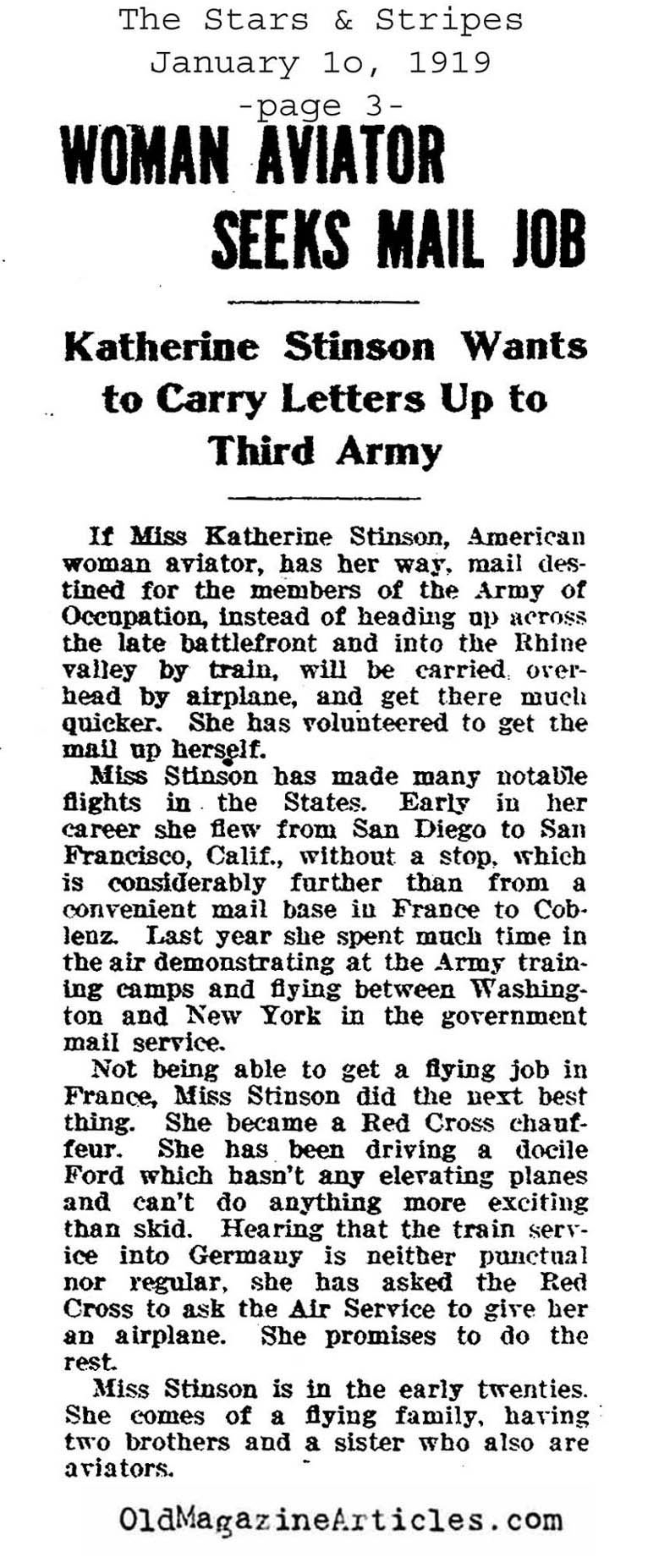 Katherine Stinson Offers Her Services to the Army  (The Stars and Stripes, 1919)