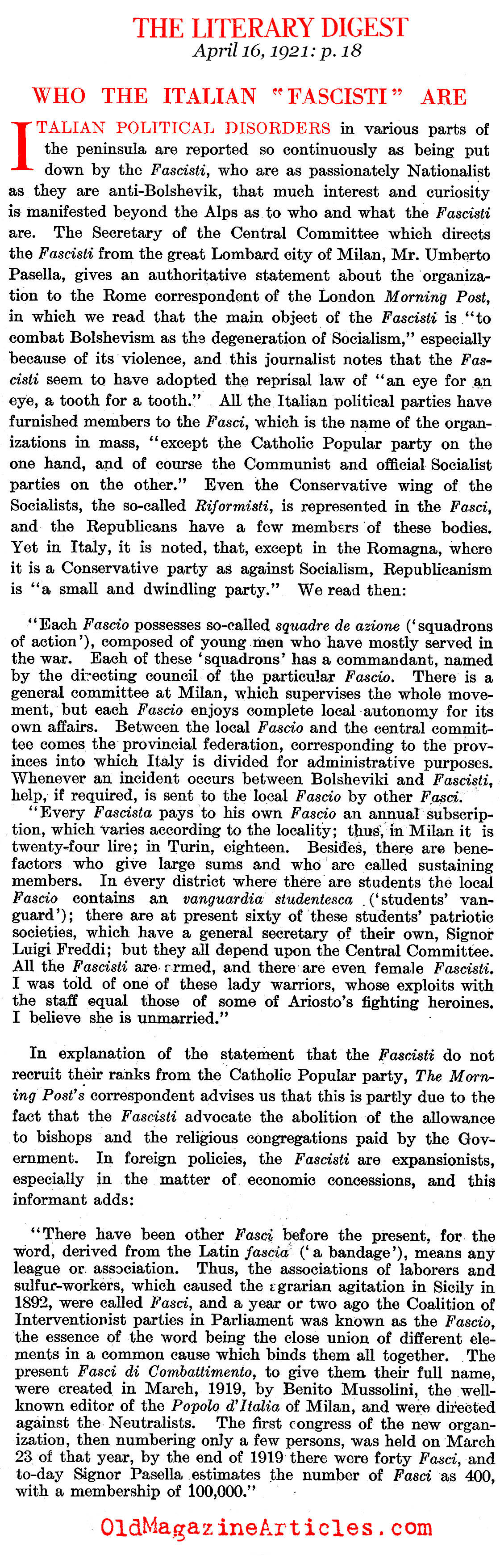 Who Are the Italian Fascists? (The Literary Digest, 1921)