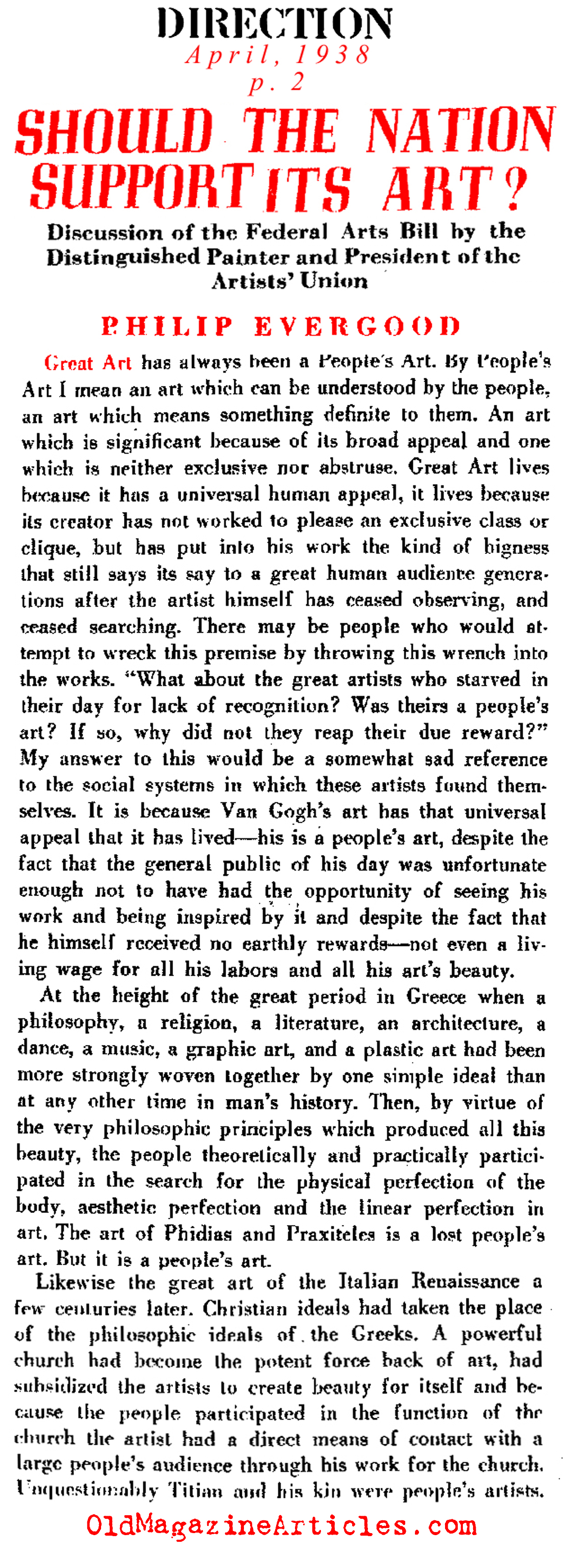 Government Funding for the Arts Praised (Direction Magazine, 1938)