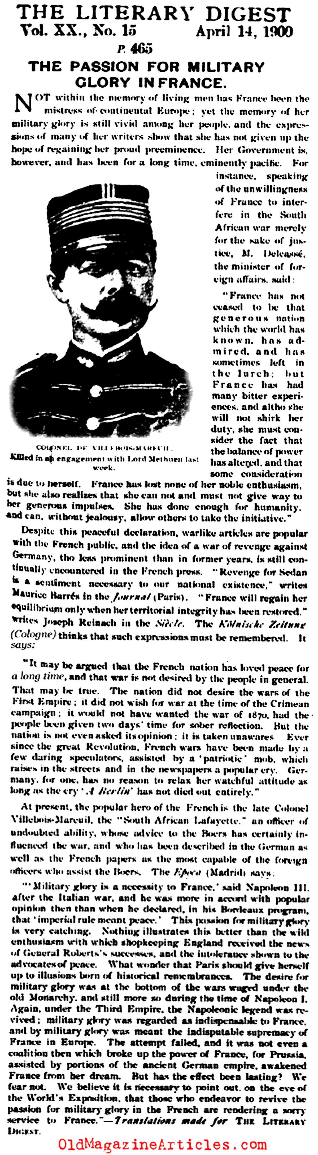 The Need for French Military Glory (Literary Digest, 1900)