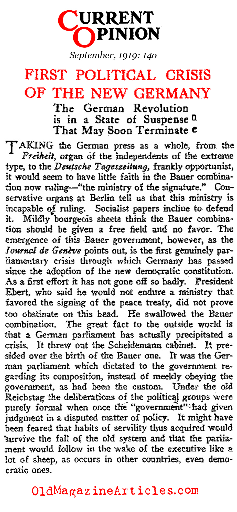 The Political Crisis in Post-War Germany (Current Opinion Magazine, 1919)