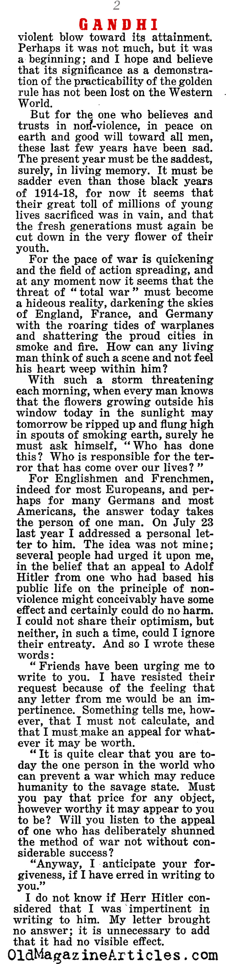 Mahatma Gandhi: ''Why I Cannot Hate Hitler'' (Liberty Magazine, 1940)