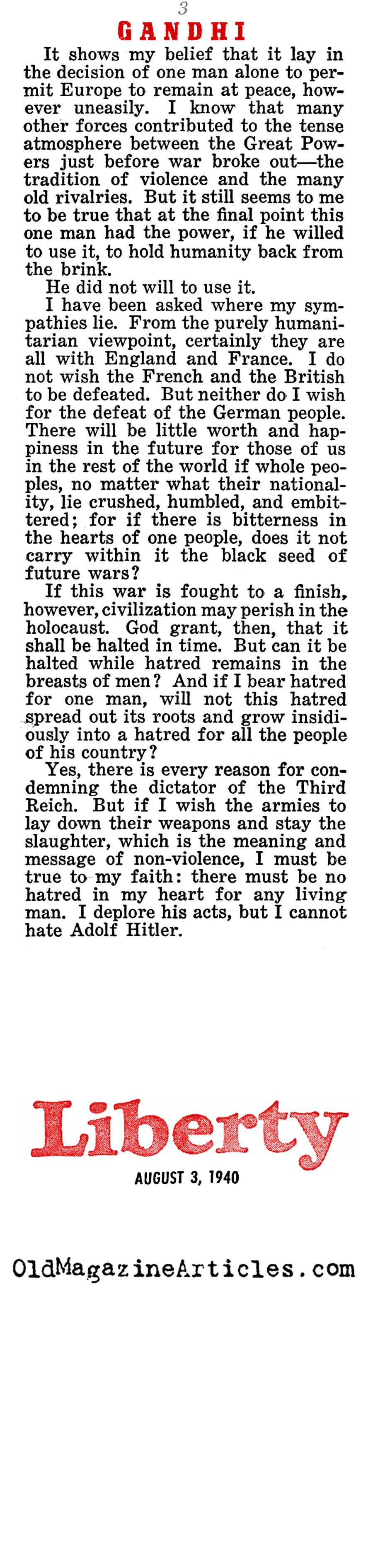 Mahatma Gandhi: ''Why I Cannot Hate Hitler'' (Liberty Magazine, 1940)