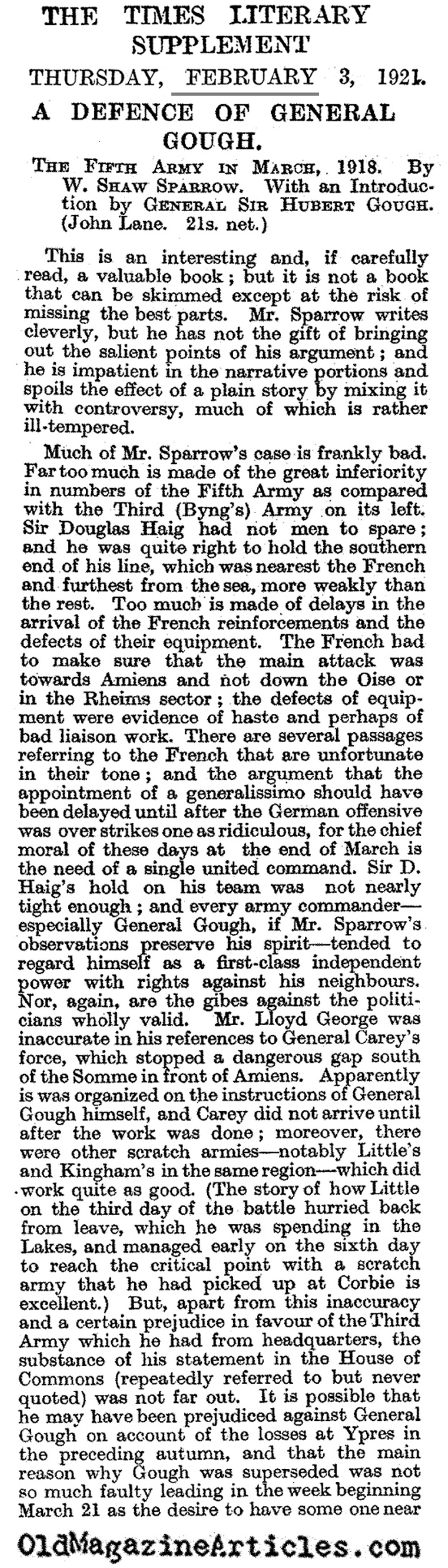 General Herbert Gough and the Collapse of the Fifth Army  (Times Literary Supplement, 1921)