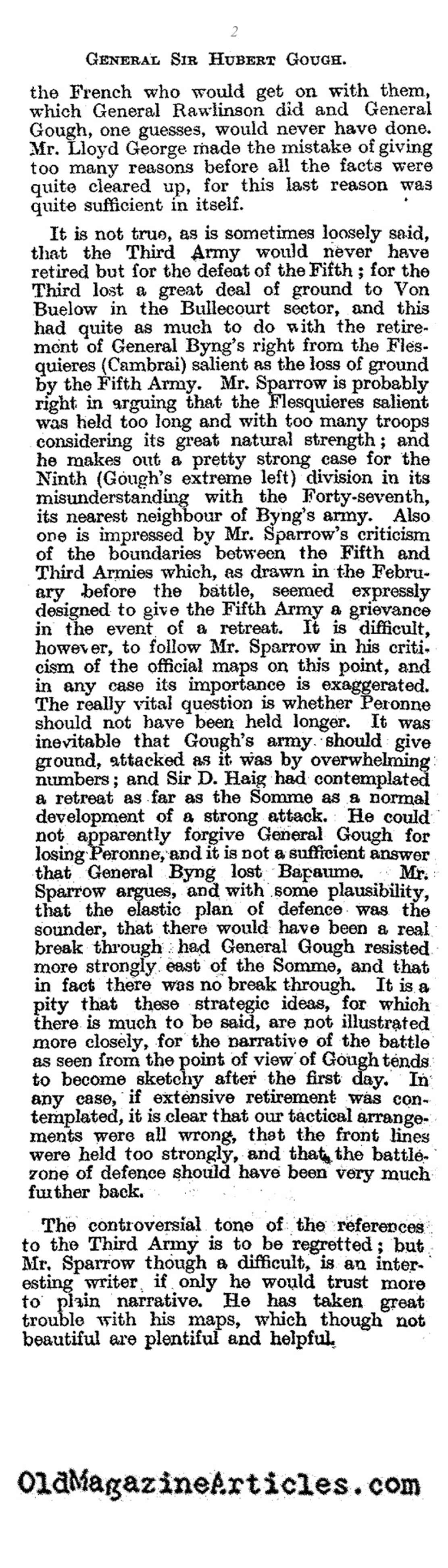 General Herbert Gough and the Collapse of the Fifth Army  (Times Literary Supplement, 1921)