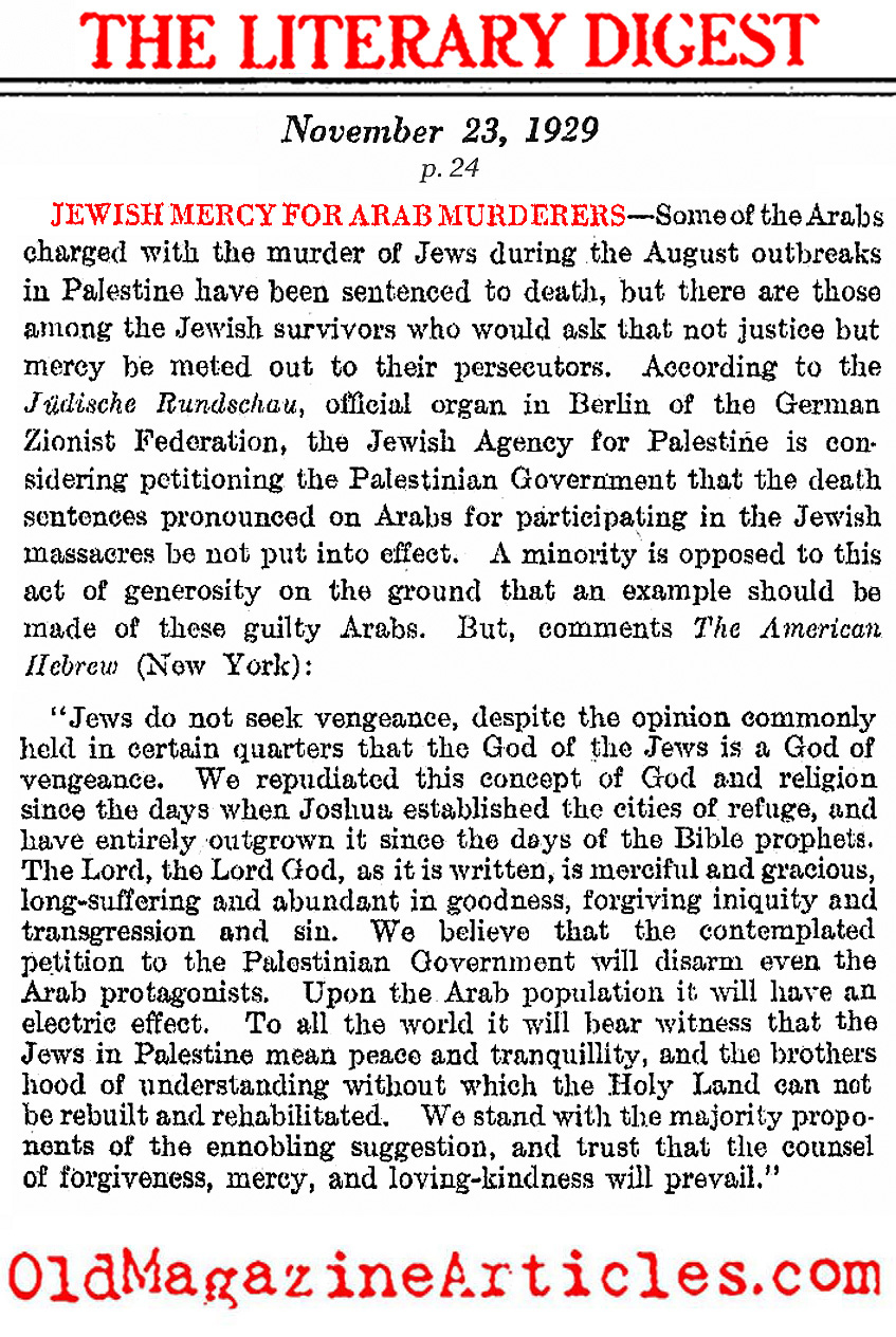 Leniency For The Defendants of the Hebron Massacre (Literary Digest, 1929)