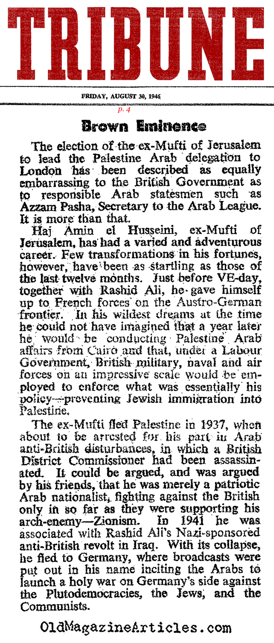 Al-Husseini After the War (Tribune, 1946)