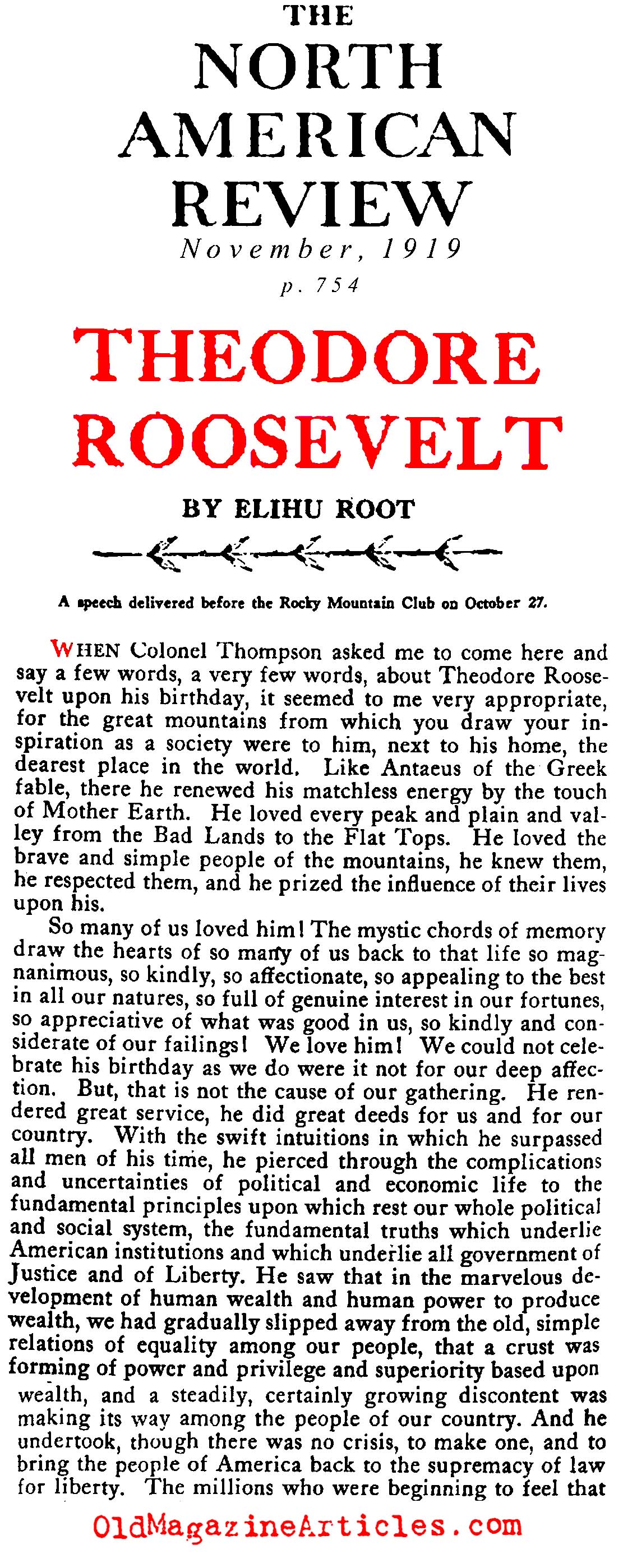 Theodore Roosevelt Remembered 1919 Primary Source Article About Theodore Roosevelt 1919 A 1920s Interview 1919 Magazine Article Concerning Teddy Roosevelt Teddy Roosevelt Praised By Elihu Root 1919 Teddy Roosevelt Leadership 1919 Teddy Roosevelt