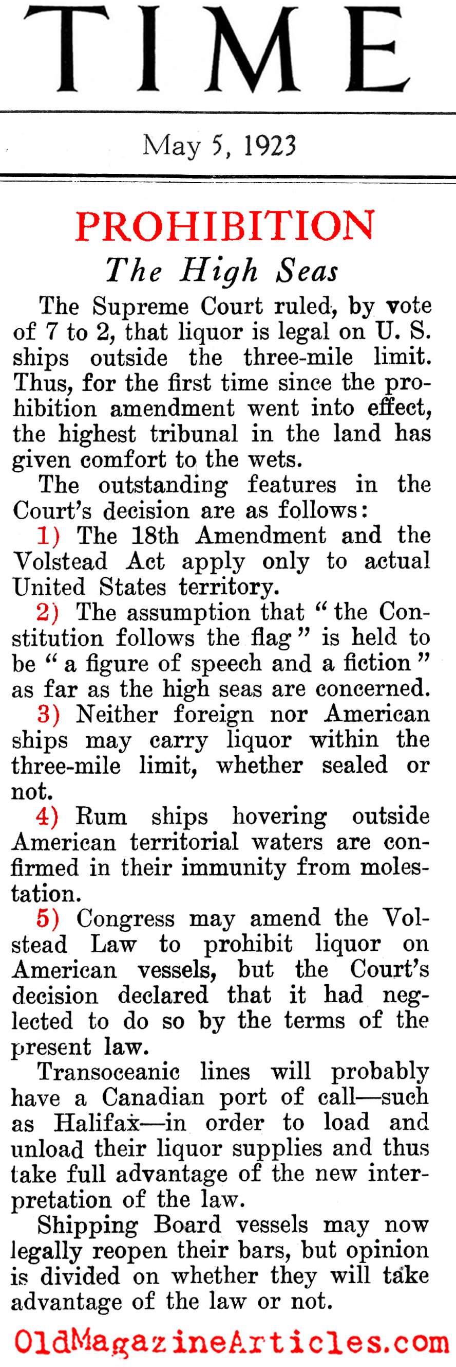 Prohibition and the High Seas (Time Magazine, 1923)