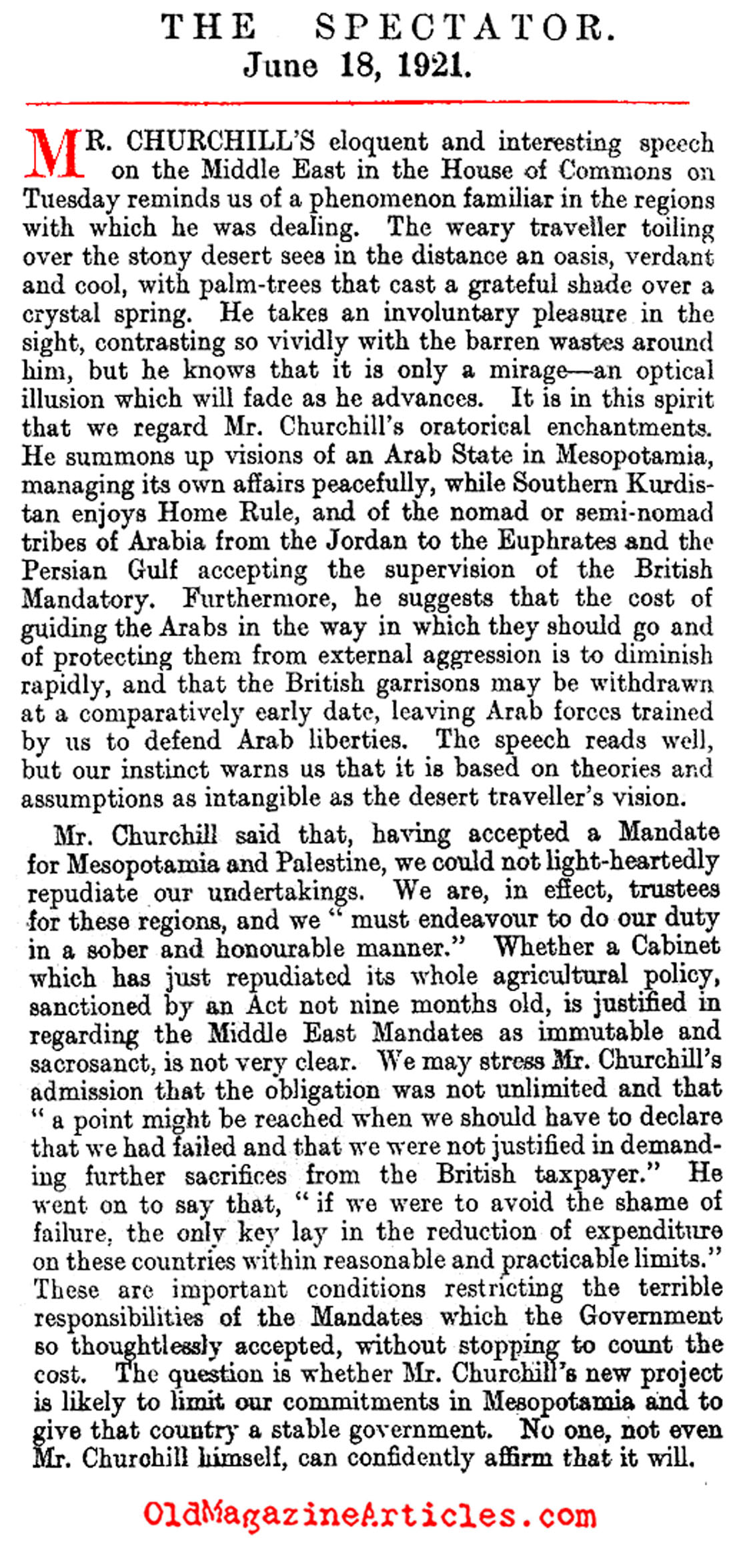 Winston Churchill and the Mesopotamia Occupation   (The Spectator, 1921)