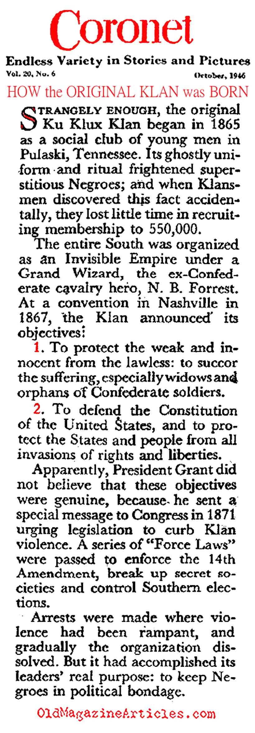 The Birth of the KKK (Coronet Magazine, 1946)